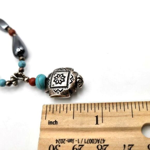 Southwestern Hematite Silver Cross Pendant Necklace Howlite and Red Jasper Beads - Picture 5 of 5